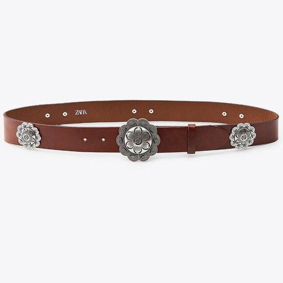 NWT ZARA LEATHER BELT WITH METAL FLOWER BROWN - Picture 1 of 4